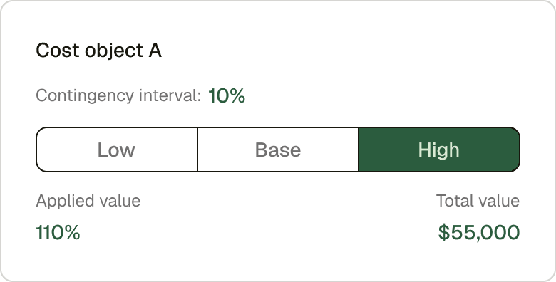 Cost object scenario slider showing low, base, and high contingency values